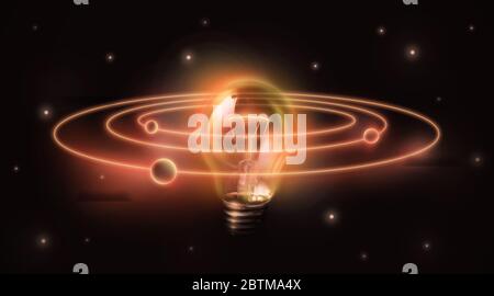 Creativity and unique business ideas. Collage with light bulb shining like sun and planets around it in space. Panorama Stock Photo