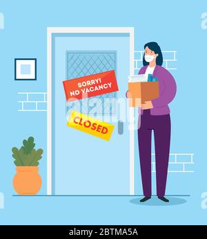 no vacancy, sorry, unemployment coronavirus covid 19, global crisis, woman and box with objects office Stock Vector