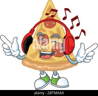 Cartoon drawing design of slice of pizza listening to the music with headset Stock Vector