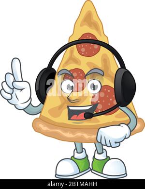 Slice of pizza cartoon character style speaking with friends on headphone Stock Vector
