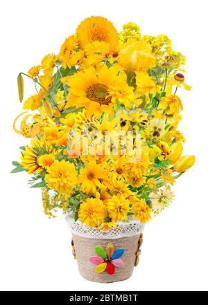 A large bouquet of yellow  spring and summer flowers. Isolated on white  photo collage Stock Photo