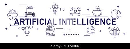 AI Artificial Intelligence infographic banner. neural network diagram, cybernetics, problem solving, Futuristic, Robotics machine and deep learning. Stock Vector