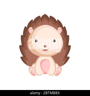 Cute funny sitting baby hedgehog isolated on white background. Woodland adorable animal character for design of album, scrapbook, card and invitation. Stock Vector