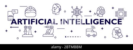 AI Artificial Intelligence infographic banner. neural network diagram, cybernetics, problem solving, Futuristic, Robotics machine and deep learning. Stock Vector
