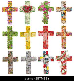 Crosses  of Jesus in my heart save the world from disease.Set of handmade collages from flowers. stones and paper . Isolated on white Stock Photo