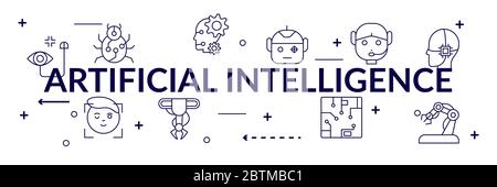 AI Artificial Intelligence infographic banner. neural network diagram, cybernetics, problem solving, Futuristic, Robotics machine and deep learning. Stock Vector