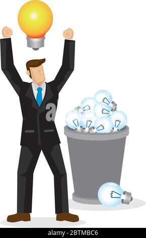 Businessman finally with a light bulb after rejecting other light bulbs in the trash bin. Concept of innovation or idea generation. Flat vector cartoo Stock Vector