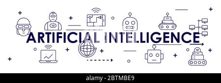 AI Artificial Intelligence infographic banner. neural network diagram, cybernetics, problem solving, Futuristic, Robotics machine and deep learning. Stock Vector