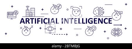 AI Artificial Intelligence infographic banner. neural network diagram, cybernetics, problem solving, Futuristic, Robotics machine and deep learning. Stock Vector