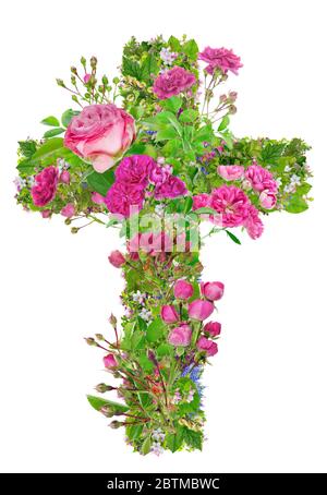 Green cross  with blossom sharp roses  of Jesus in my heart save the world from disease. Handmade collage from  yellow summer flowers . Isolated on wh Stock Photo