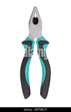 Opened pliers with blue handle isolated on a white background Stock Photo