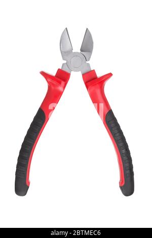 Opened diagonal pliers with rubber red handle isolated on a white background. Stock Photo