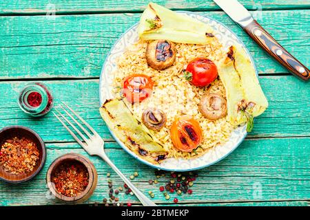 Traditional Saffron Arabian Rice Pilaff With Lamb Shank On The Wooden 