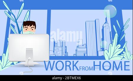 Detention at home Work from home With a desktop computer without going out, reducing the risk of corona virus and preventing the covid-19 infection. Stock Vector