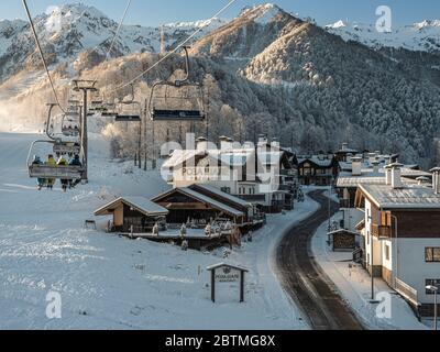 ROSA KHUTOR, RUSSIA - February 13, 2020: ski resort Rosa Khutor, hotel Rosa Chalet on Rosa plateau Stock Photo