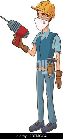 builder using medical mask with drill Stock Vector