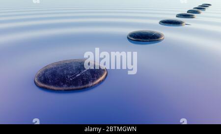 3d render of black stones on calm sea water Stock Photo