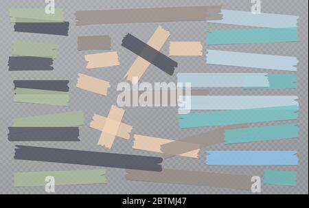 Colorful different size adhesive, sticky, masking, duct tape, paper pieces are on dark squared background Stock Vector