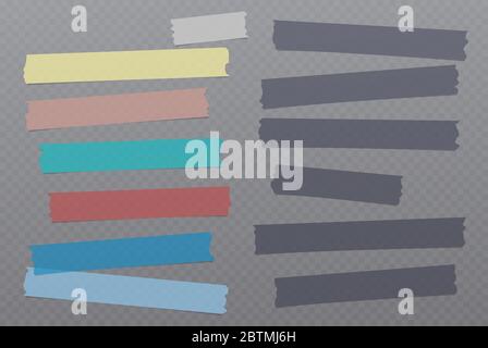 Colorful different size adhesive, sticky, masking, duct tape, paper pieces are on dark squared background Stock Vector