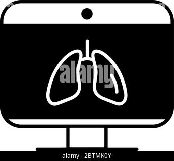 Black flat icon online about doctor, lungs on the monitor laptop respiratory disease consultant medical protection covid 19 vector illustration Stock Vector
