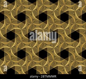 Guilloche vector seamless pattern with stars. Golden and black background with thin lines Stock Vector