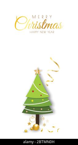 Merry Christmas background minimal decorative design with xmas tree and golden balls. Bright winter holiday composition for poster, greeting cards, ba Stock Vector