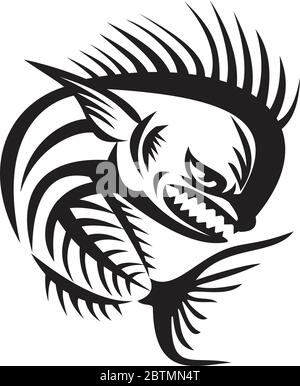 Illustration of a skeleton of an angry mahi-mahi, dorado or dolphinfish viewed from the side set on isolated white background with the words text badf Stock Vector