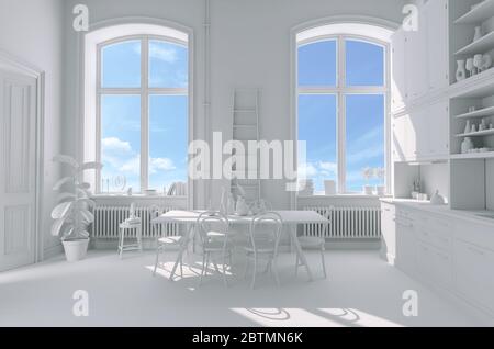 3d render of beautiful kitchen with two big windows Stock Photo