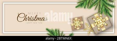 Merry Christmas background minimal decorative design with xmas realistic gift box and pine branches. Bright beige winter background Horizontal banner, Stock Vector