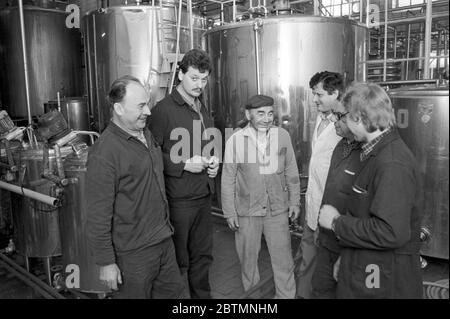 30 November 1984, Saxony, Delitzsch: Men's brigade at the Delitzsch dairy in 1985. Exact date of recording unknown. Photo: Volkmar Heinz/dpa-Zentralbild/ZB Stock Photo