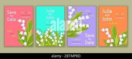 Set of templates invitation, banner, cover, poster, greeting card, anniversary, flyer with colorful floral design with lily of the valley flowers, bri Stock Vector