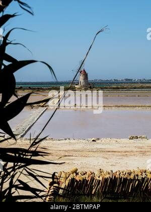 a old windmill and salt pans in sicily with reed in the front Stock Photo