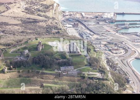 Aerial View of Dover Castle and the Port of Dover, England Stock Photo