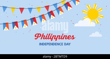 Philippines flags bunting waving on the blue sky background. banner for independence day. Background for greeting Card, Poster, Web Banner Design. Stock Vector