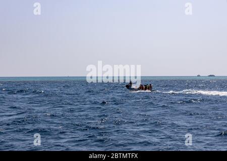 Hurghada, Egypt - september 17, 2019: Unknown people on a dinghy watching dolphins in the Red sea, Jaz 'ir Jift n Stock Photo