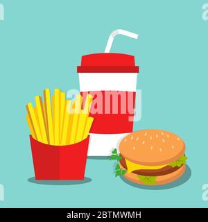 French Fries with Soda and burger in flat style Stock Vector