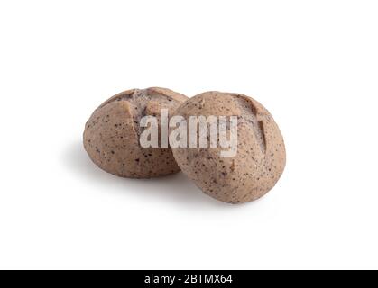 Homemade buns on the white background with clipping paths. Bread is a food made from wheat flour mixed with water and yeast or baking powder. Stock Photo