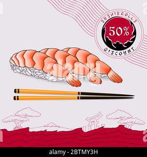 flyer discount coupon japanese sushi rice with large shrimp on a light gray plate with chopsticks Stock Photo