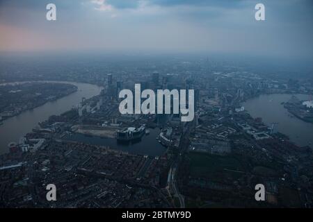 Aerial View of Canary Wharf and Isle of Dogs, London UK Stock Photo