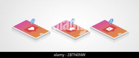 Social network. Phone set in isometric style. Media digital concept. vector illustration Stock Vector