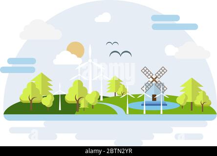 Eco city. Concept energy city. Illustration in landscape style. Vector Stock Vector