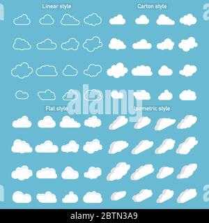 Set of Cloud Icons in trendy in 4 styles. Clouds in flat and carton and isometric, linear style. Cloud on isolated background. Vector illustration Stock Vector