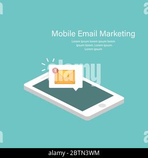 Email notification concept in isometric design. New sms on smartphone. Illustration in flat design. Vector illustration Stock Vector