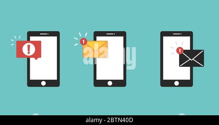 Email notification concept. Sms error red colored. Icon massage set. New sms on smartphone. Illustration in flat design. Vector illustration Stock Vector