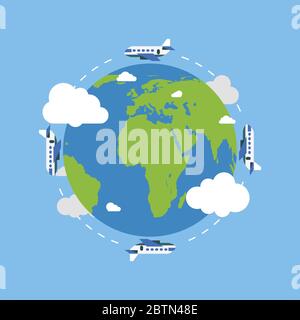 Earth globe with plane. Earth in flat style. Plane flying. Earth. Vector illustration Stock Vector
