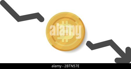 Bitcoin down illustration with arrow icon. Vector illustration Stock Vector