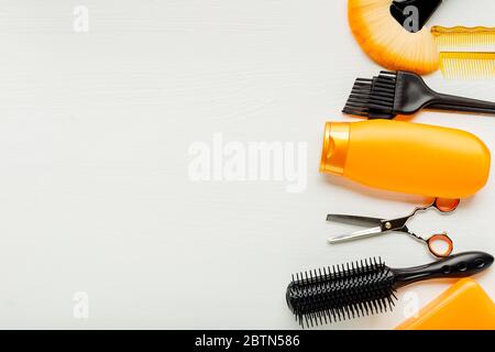 Hairdresser tools, hair salon equipment for professional hairdressing in beauty salon, haircut service. Top view with copy space on white background Stock Photo