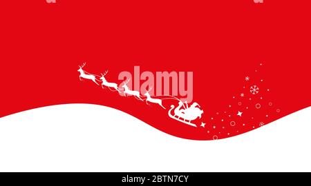 Christmas Sleigh Santa fly in sky. Red background. Silhouette reindeer and sleigh Santa. Vector Stock Vector