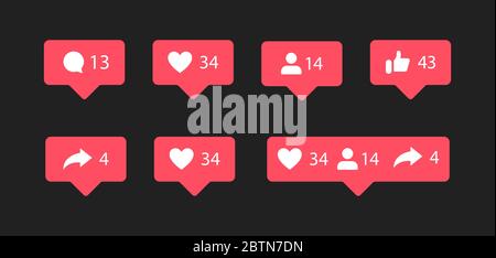 Social media icons thumb up and heart icon with repost and comment. Flat signs icons on red and black background. Vector illustration Stock Vector