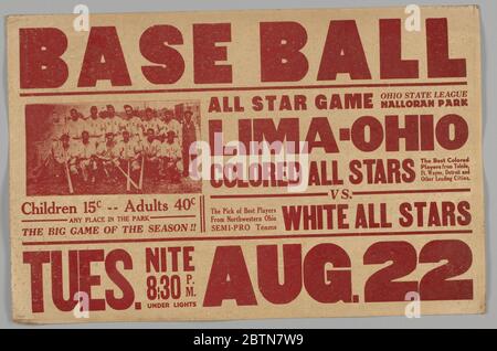 Poster for an All Stars baseball game. A white poster with red text. A printed image of African American baseball players is on the top right side of the poster. The text reads: [Baseball / All Star Game Ohio State League / Halloran Park / LIMA-OHIO / COLORED ALL STARS / The Best Colored Players from Toledo, Ft. Stock Photo